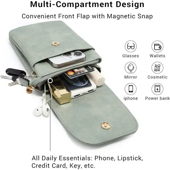 Vegan Leather Small Crossbody Bag for Women 3 Compartments Phone Wallet Travel